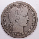 1907-S Barber Silver Quarter, Very Good Circulated Coin, Store