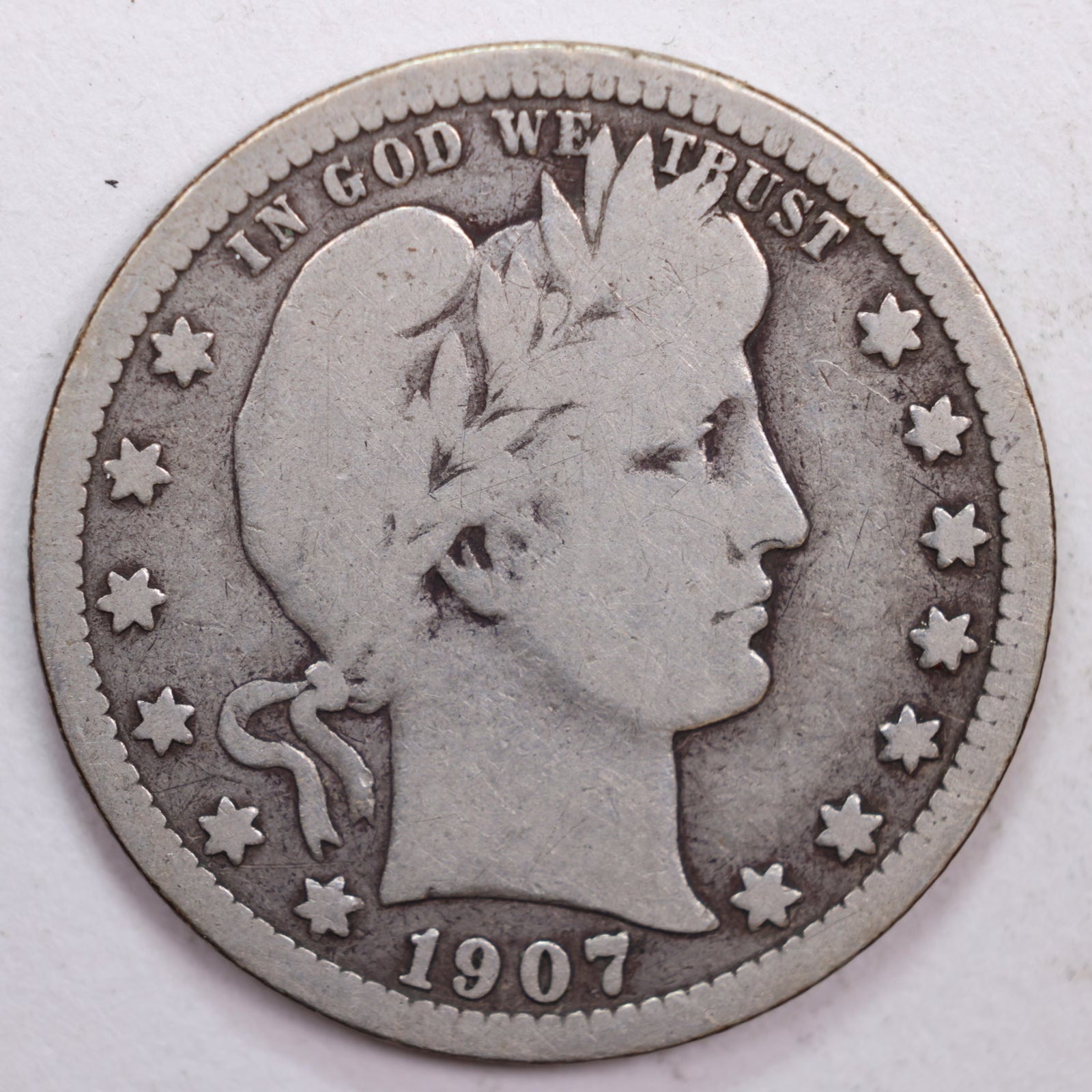 1907-S Barber Silver Quarter, Very Good Circulated Coin, Store #QR0493
