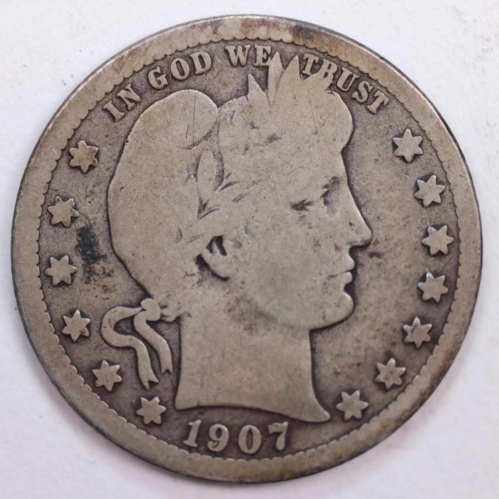 1907-S Barber Silver Quarter, Very Good Circulated Coin, Store #QR0495