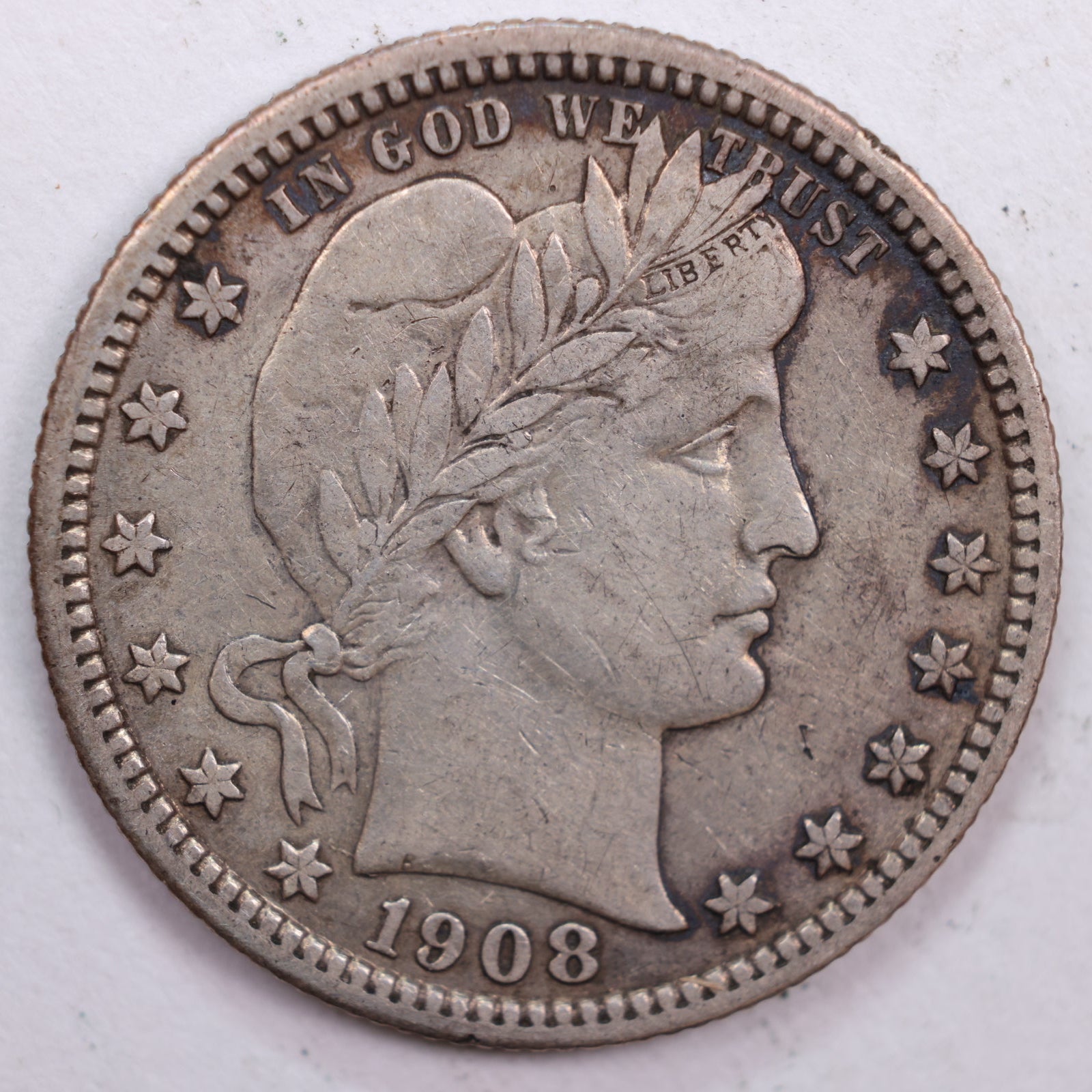 1908 Barber Silver Quarter, Very Fine Plus Circulated Coin, Store #QR0496