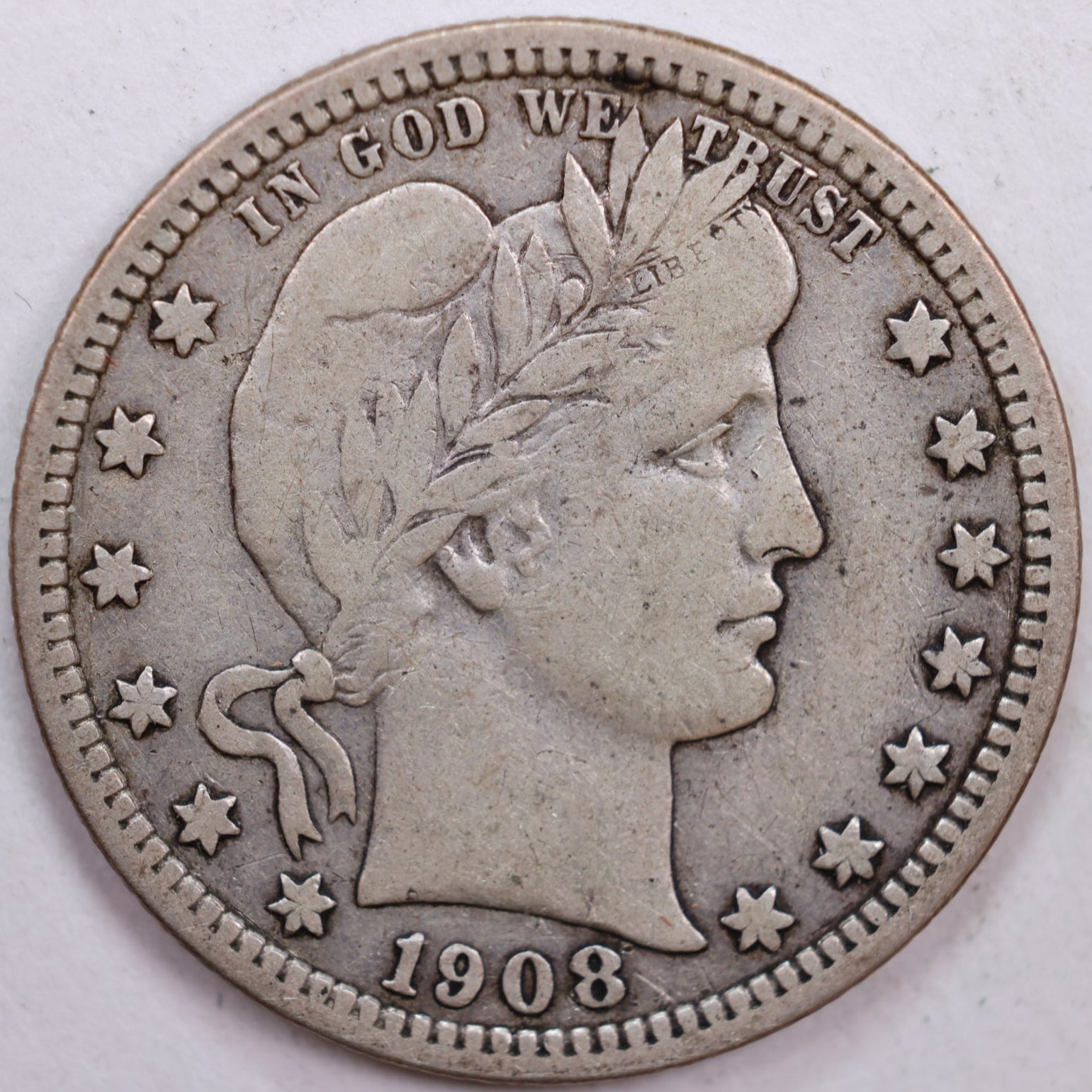 1908-D Barber Silver Quarter, Fine+ Circulated Coin, Store #QR0497