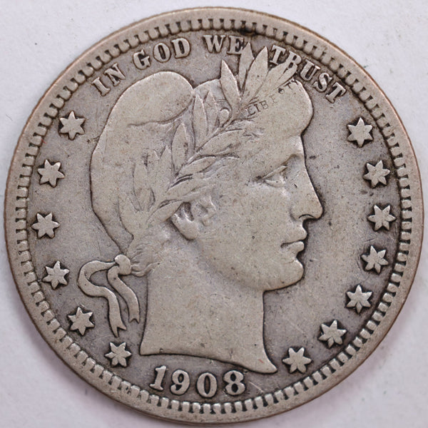 1908-D Barber Silver Quarter, Fine+ Circulated Coin, Store #QR0497