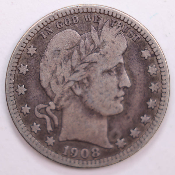 1908-D Barber Silver Quarter, Very Good+ Circulated Coin, Store #QR0499
