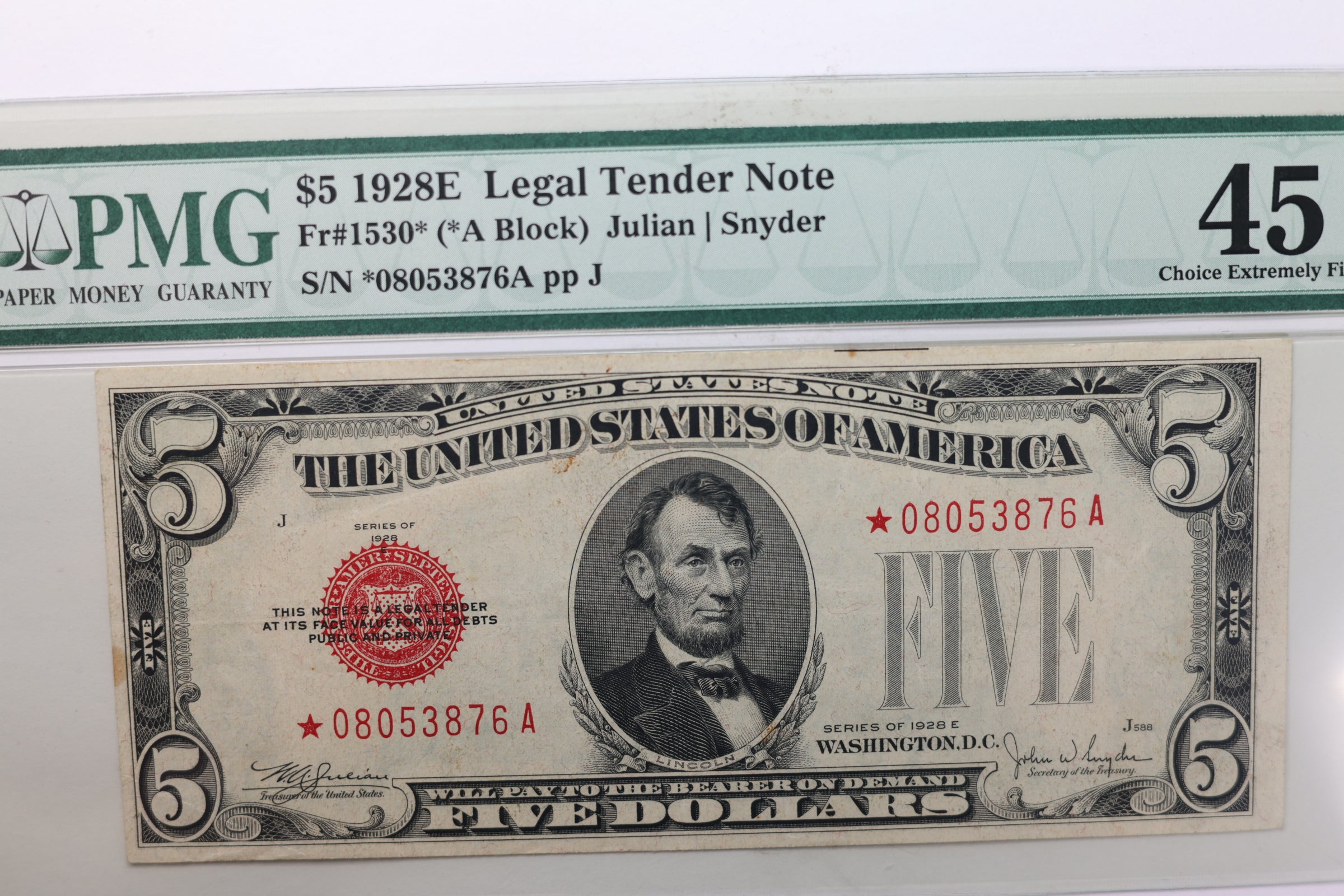 1928 E, $5., Legal Tender Note., *STAR NOTE*., PMG XF-45., Store #GLT015