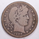 1908-D Barber Silver Quarter, Very Good Circulated Coin, Store