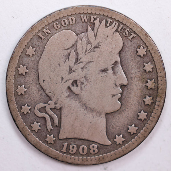 1908-D Barber Silver Quarter, Very Good Circulated Coin, Store #QR0500