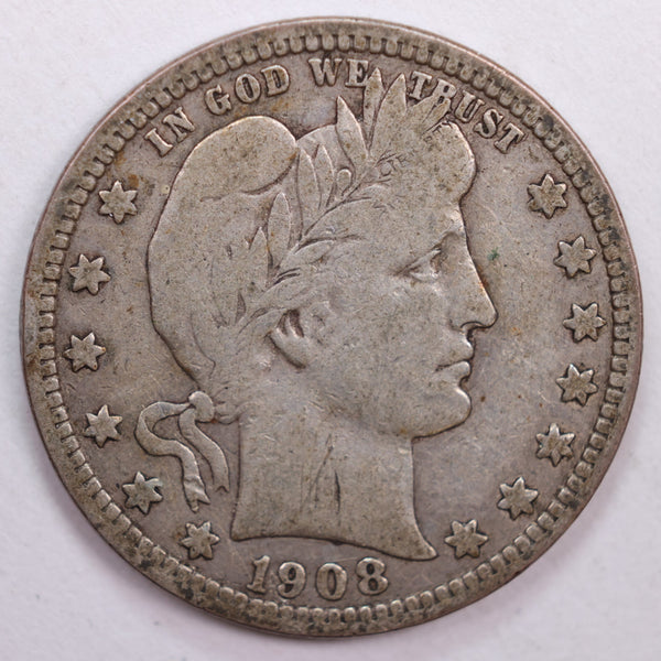 1908-D Barber Silver Quarter, Very Good Circulated Coin, Store #QR0501