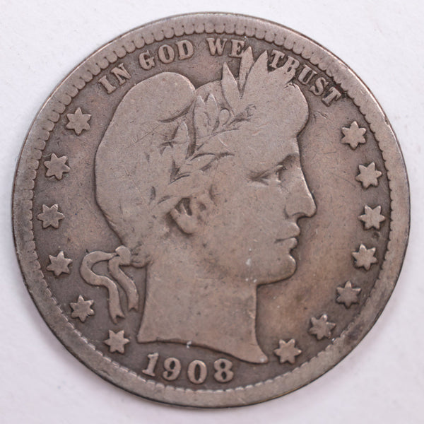 1908-D Barber Silver Quarter, Very Good Circulated Coin, Store #QR0502