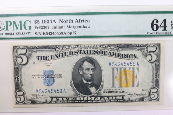 1934A $5 Silver Certificate, North Africa, PMG CU64 EPQ, Store #GSSC008 (1798)