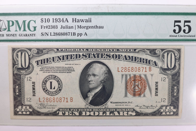 1934 A, $10 Silver Certificate., 'Hawaii', PMG AU-55., Store