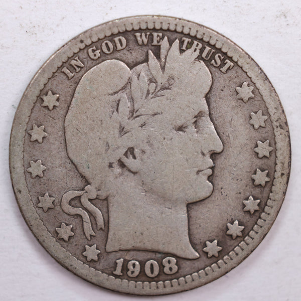 1908-D Barber Silver Quarter, Very Good Circulated Coin, Store #QR0504