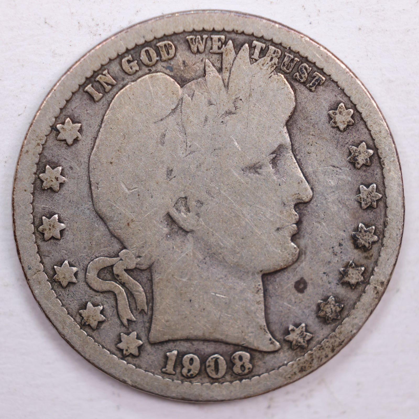 1908-O Barber Silver Quarter, Very Good Circulated Coin, Store #QR0505