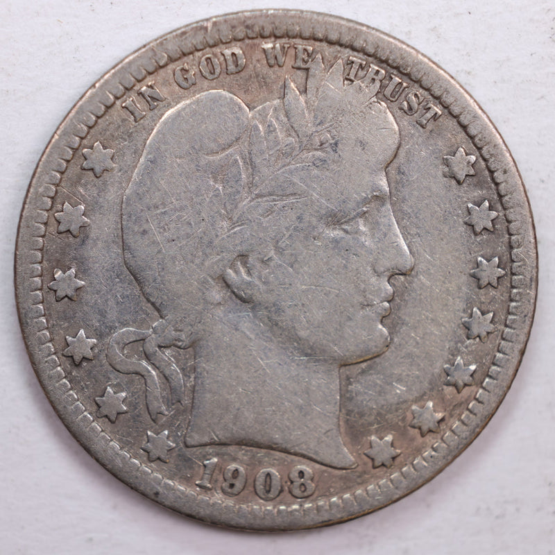 1908-O Barber Silver Quarter, Very Good+ Circulated Coin, Store