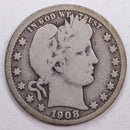1908-O Barber Silver Quarter, Very Good Circulated Coin, Store