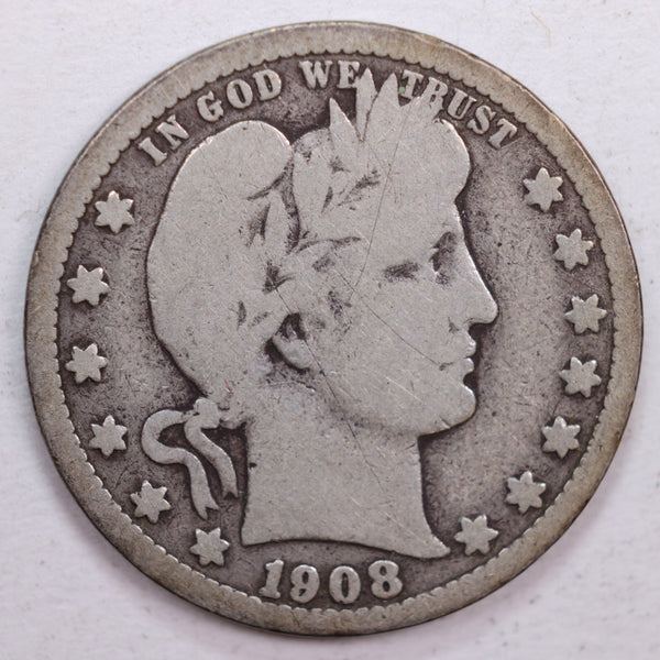 1908-O Barber Silver Quarter, Very Good Circulated Coin, Store #QR0507