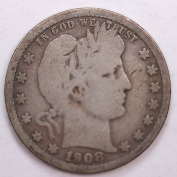 1908-O Barber Silver Quarter, Very Good Circulated Coin, Store #QR0508