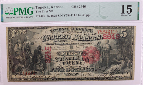 1875 $5., National Currency., "TOPEKA, KS"., PMG Fine-15., Store #LGNBN014