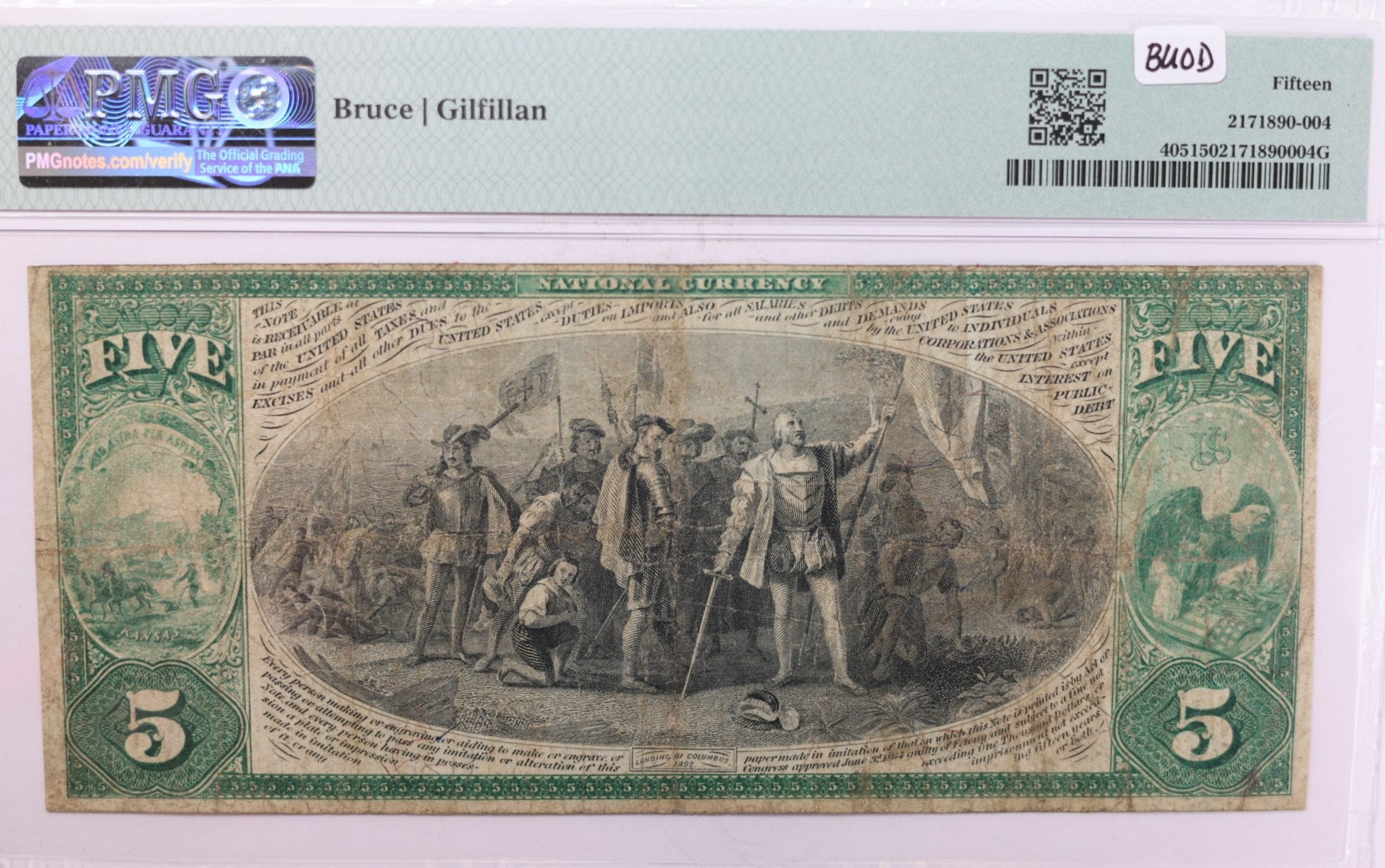 1875 $5., National Currency., "TOPEKA, KS"., PMG Fine-15., Store #LGNBN014
