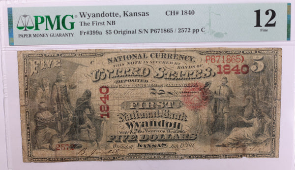 1871 $5., National Currency., "WYANDOTT, KS."., PMG Fine-12., Store #LGNB013
