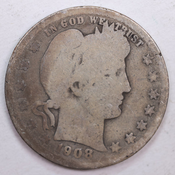 1908-S Barber Silver Quarter, Fair Circulated Coin, Store #QR0510