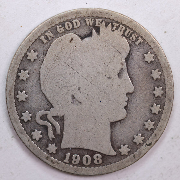 1908-S Barber Silver Quarter, Fair Circulated Coin, Store #QR0512