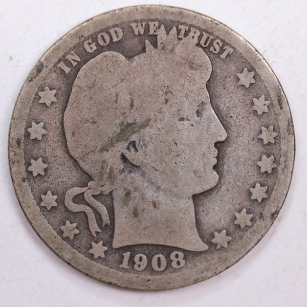 1908-S Barber Silver Quarter, Fair Circulated Coin, Store #QR0513