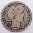1909 Barber Silver Quarter, Very Good Circulated Coin, Store