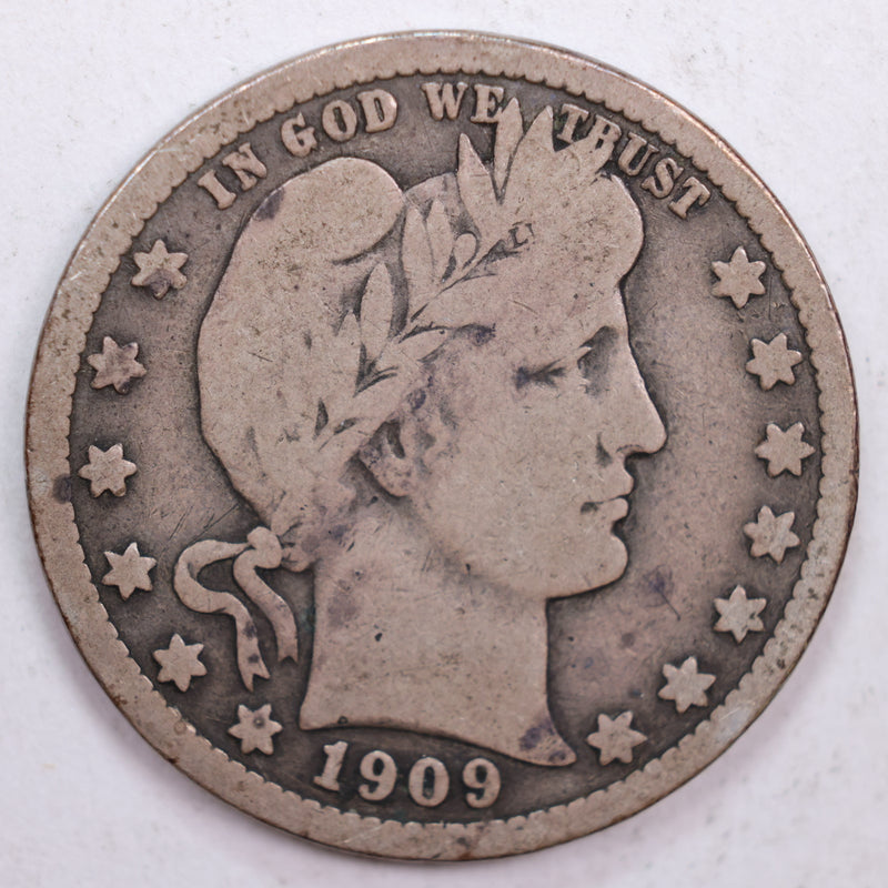 1909 Barber Silver Quarter, Very Good Circulated Coin, Store