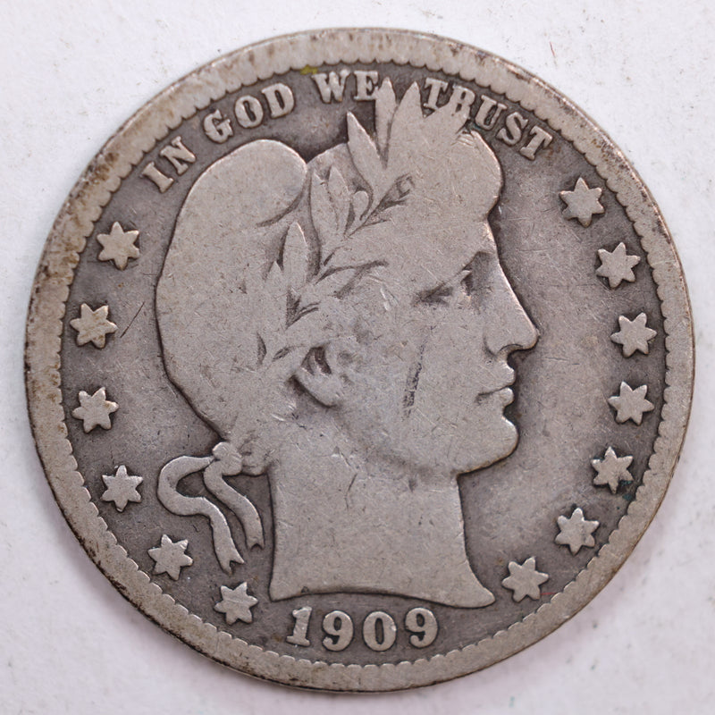 1909 Barber Silver Quarter, Very Good Circulated Coin, Store