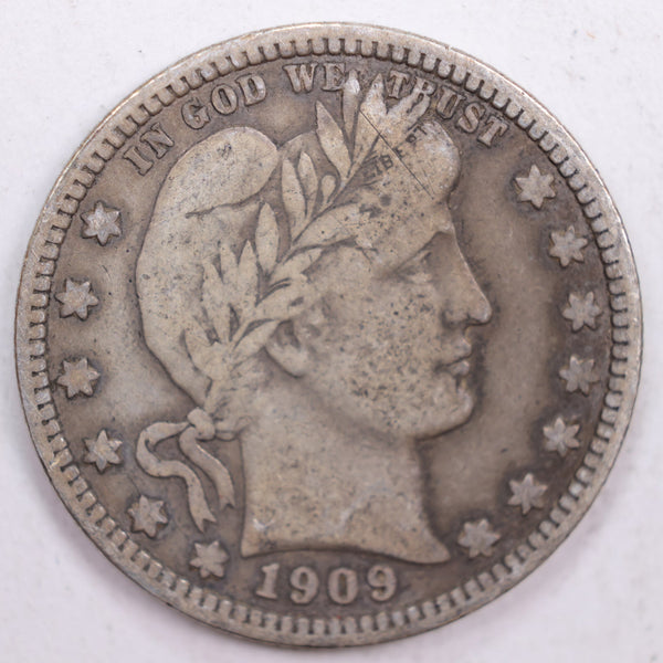 1909 Barber Silver Quarter, Fine+ Circulated Coin, Store #QR0516