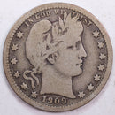 1909 Barber Silver Quarter, Very Good Circulated Coin, Store