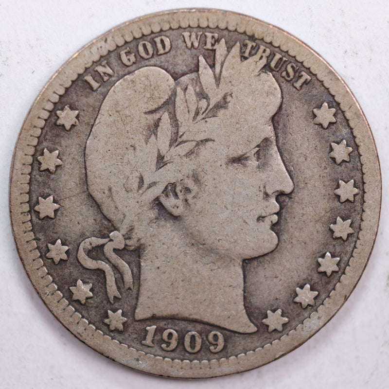 1909 Barber Silver Quarter, Very Good Circulated Coin, Store