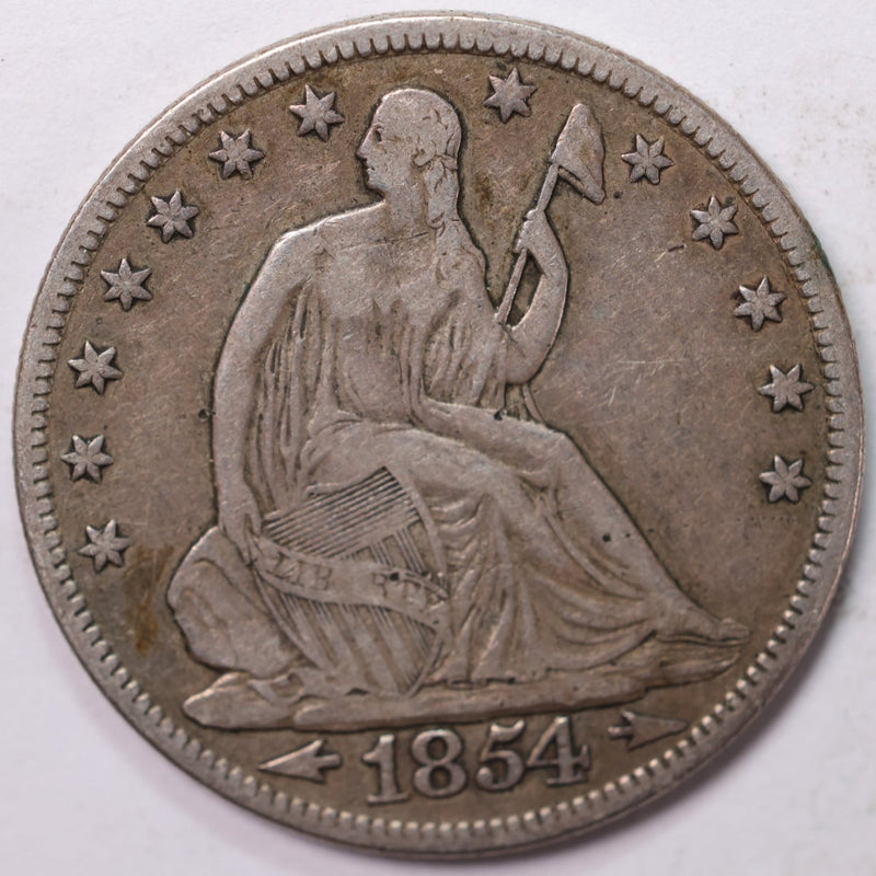1854 Liberty Seated Half Dollar, Very Fine+ Circulated Coin, Store