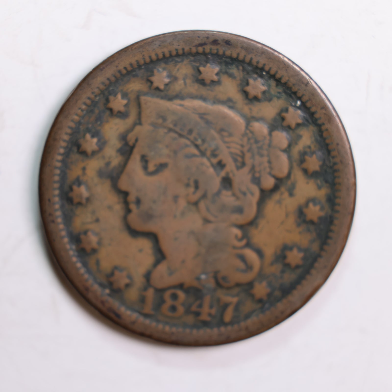 1847 Braided Hair Large Cent., Fine Circulated Coin., Store Sale #CT0527