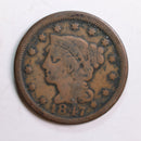 1847 Braided Hair Large Cent., Fine Circulated Coin., Store Sale