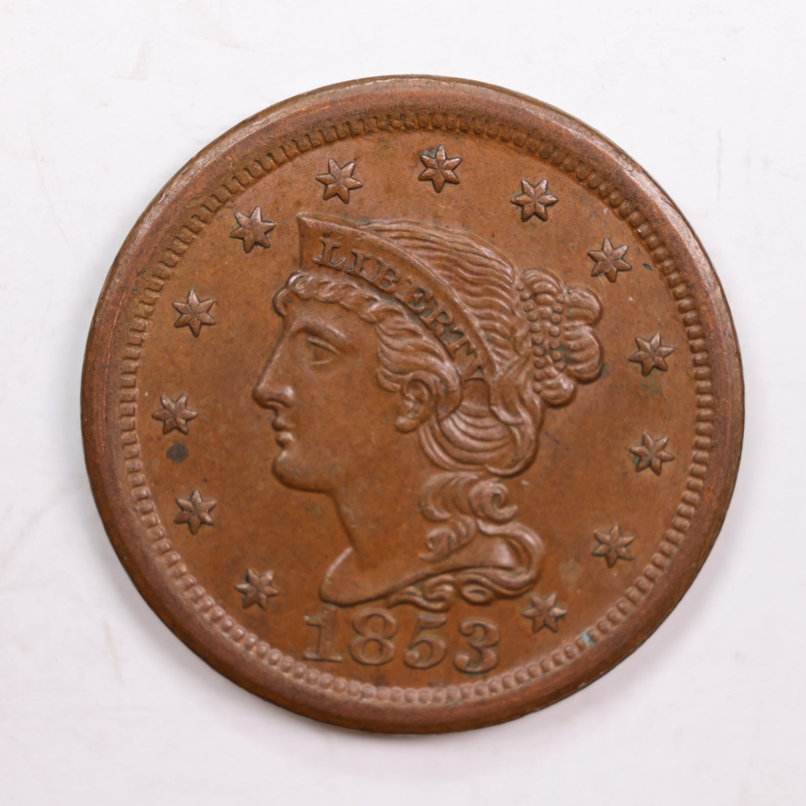 1853 Braided Hair Large Cent, Mint State Uncirculated, Store #CT0528
