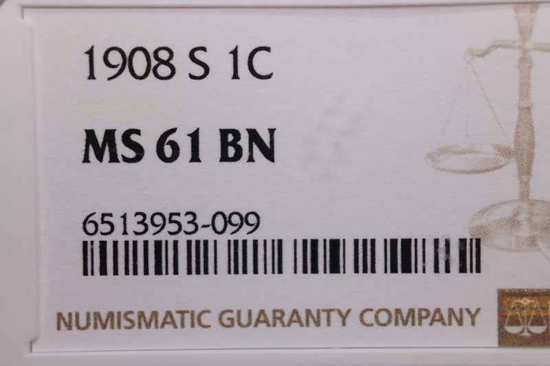 1908-S Indian Head Small Cents., NGC Graded MS-61, Brown., Store
