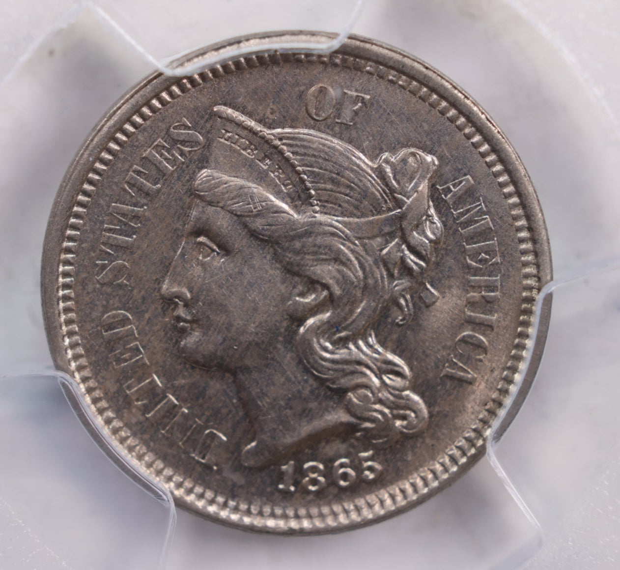 1865 Three Cent Copper Nickel., Uncirculated., PCGS MS-62., Store #3C0001