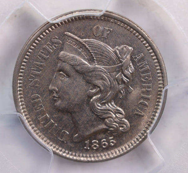 1865 Three Cent Copper Nickel., Uncirculated., PCGS MS-62., Store #3C0001