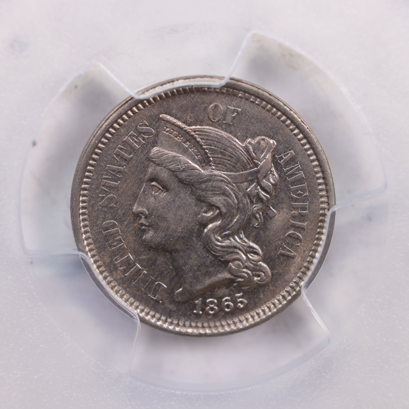 1865 Three Cent Copper Nickel., Uncirculated., PCGS MS-62., Store #3C0001