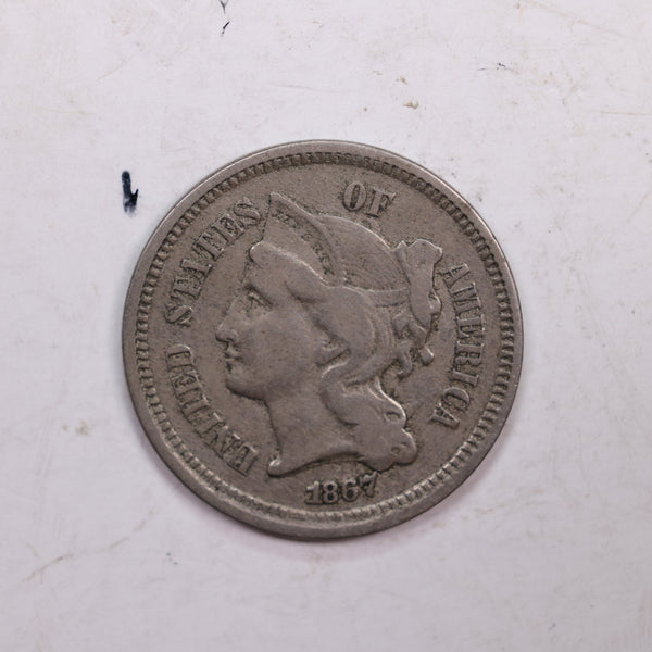1867 Three Cent Copper Nickel, Fine Circulated Coin, Store #3C0005