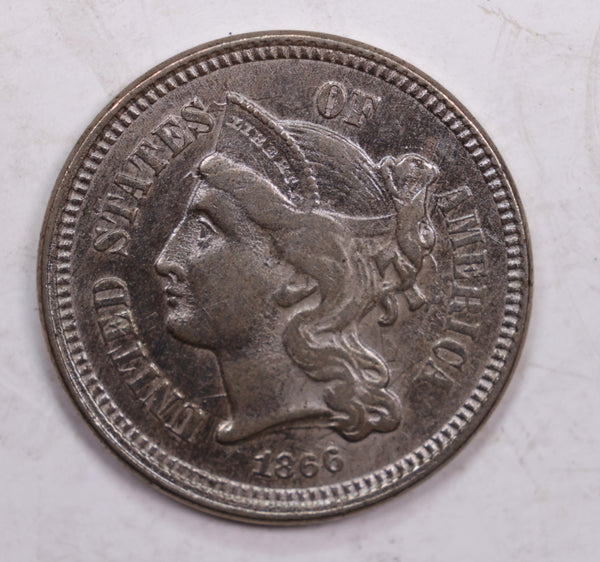 1866 Three Cent Copper Nickel, Very Fine Circulated Coin, Store #3C0007