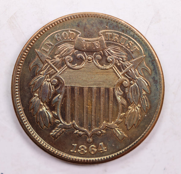 1864 Two Cent Piece., Large Motto., Uncirculated Detailed Coin, Store #2C0011