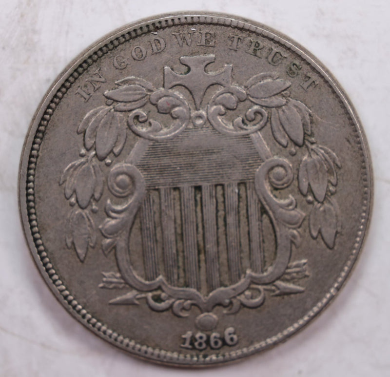 1866 Shield Nickel, Very Fine Plus, Circulated Coin., Store Sale