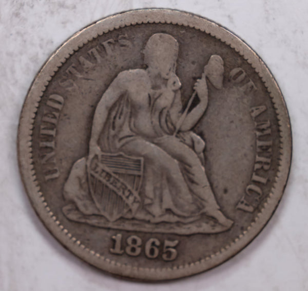 1865-S Seated Liberty Dime, Very Fine Plus Circulated Coin, Store #DE0298