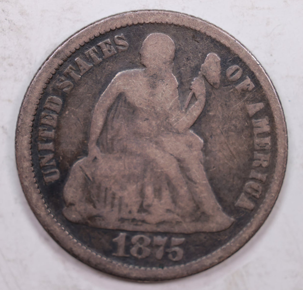 1875 Seated Liberty Dime., 'Common', Fine Circulated Coin., Store #DE0304.
