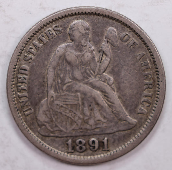 1891 Seated Liberty Dime., 'Common', Very Fine Plus Circulated Coin., Store #DE0307.