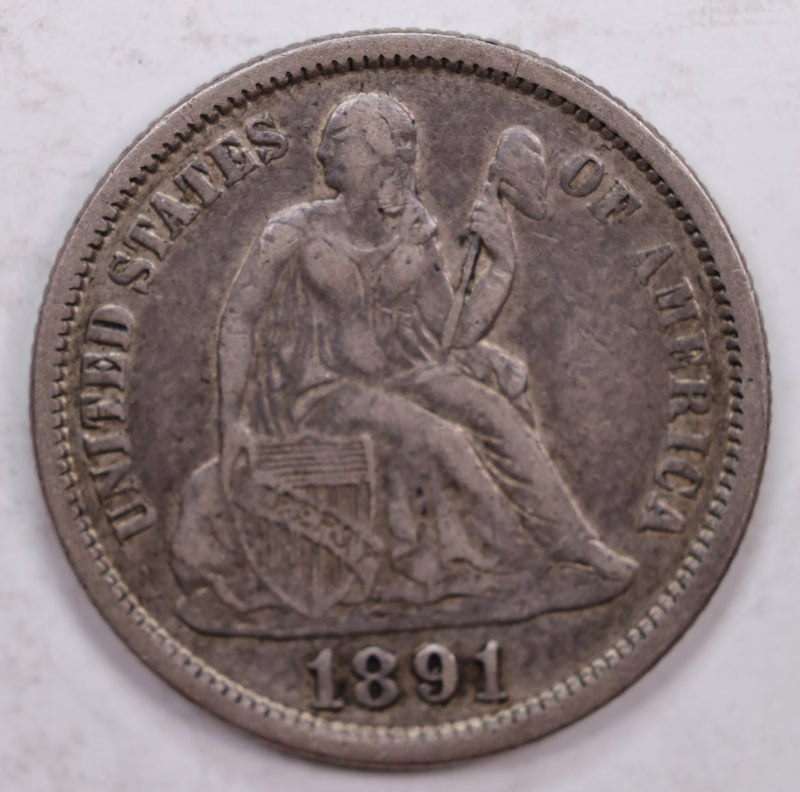 1891 Seated Liberty Dime., 'Common', Very Fine Plus Circulated Coin., Store