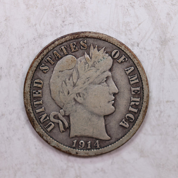 1914-D Barber Silver Dime., Nice Very Fine, Circulated Coin., Store #DE0319.