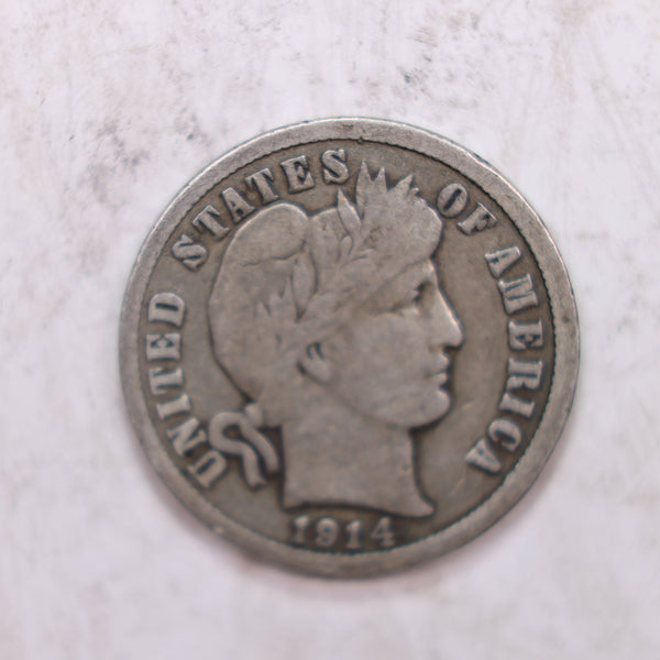 1914-D Barber Silver Dime., Nice Very Good, Circulated Coin., Store #DE0320.